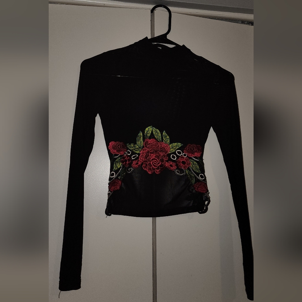 Charlotte Russe Mesh Rose Embroidered Crop-top